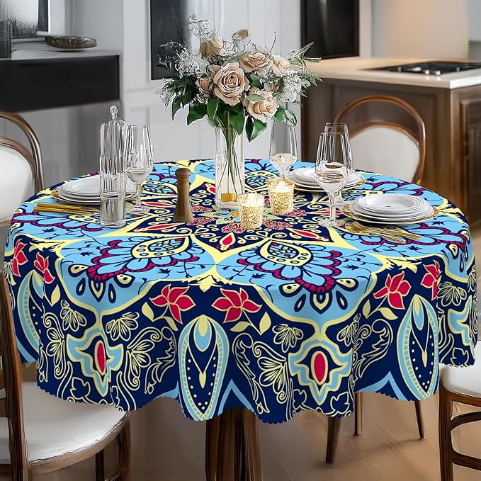 Eikione Round Tablecloth, Boho Tablecloth Waterproof and Wrinkle-Free, Boho Table Covers, Summer Decorations for Home 70inch