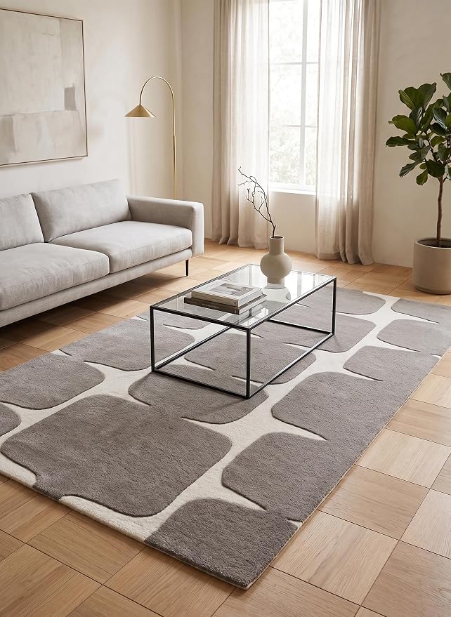 Restoration and Renovation Modern Wool Area Rug - Contemporary Abstract Geometric Design, Thick & Soft Hand-Tufted Carpet - Ideal for Indoor Decor in Living Room, Bedroom (Taupe, 4' x 6')
