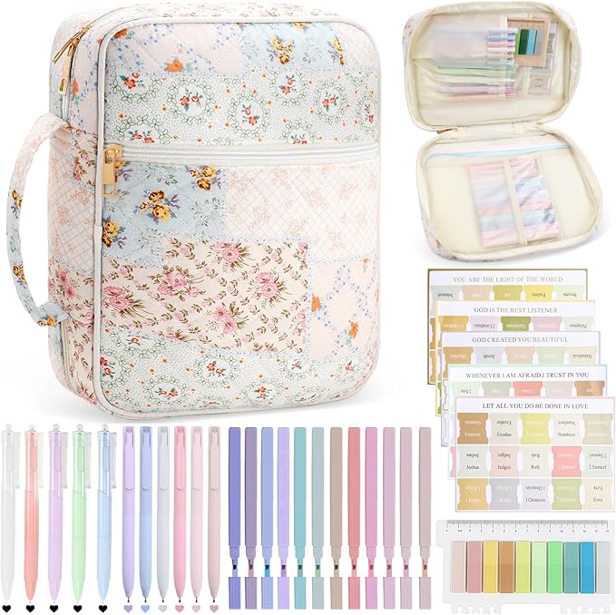 Lestp Bible Cover Case Study Supplies for Women Gifts Large Bible Cover with Highlighters Pens Tabs Cute Quilted Carrying Case Christian Journal Kit Accessories Christian Gifts Sticky Notes A