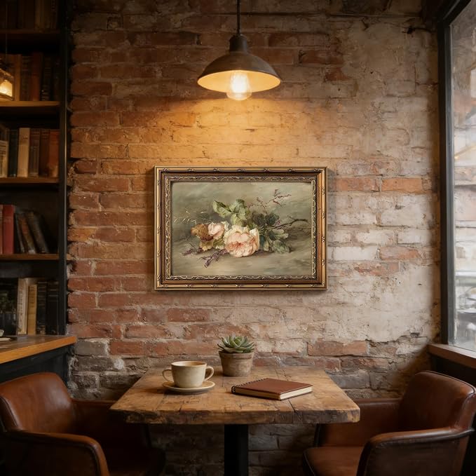 Vintage Gold Framed Flower Still Life Wall Art Retro Rose and Wildflower Wall Decor Pink Floral Print artwork Farmhouse Country Flower painting Picture for Gallery Kitchen Living Room Bedroom 12X16in