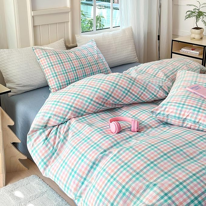 LifeTB Queen Comforter Set Multi-Colored Gingham Comforter Modern Style Checkered Pattern Comforter Set Colorful Grid Plaid Bedding Comforter Fluffy Soft Lightweight Grid Bedding Set Breathable