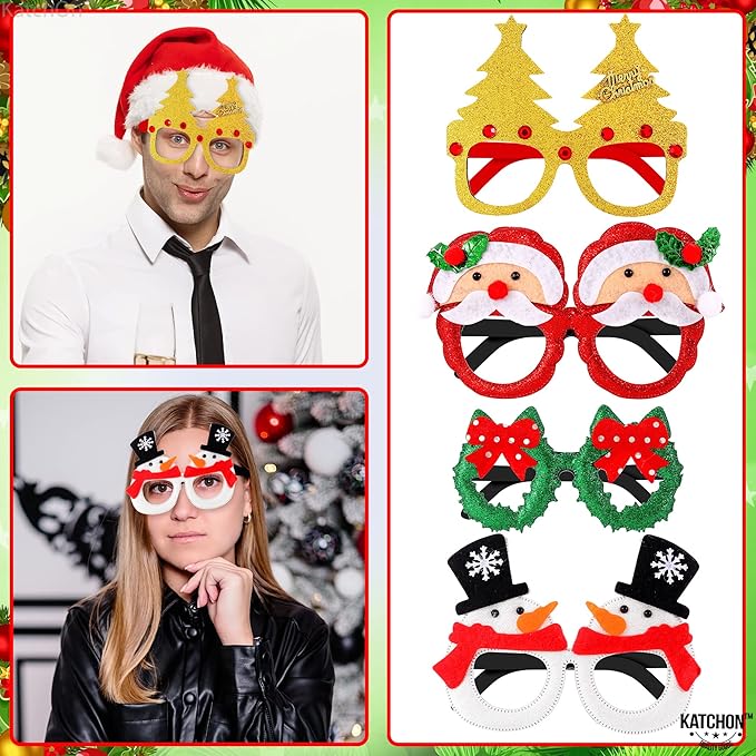 KatchOn, Glitter Christmas Photo Booth Props - Pack of 10 | Christmas Party Decorations | Xmas Party Favors for Kids | Santa Eyeglasses, Xmas Decorations