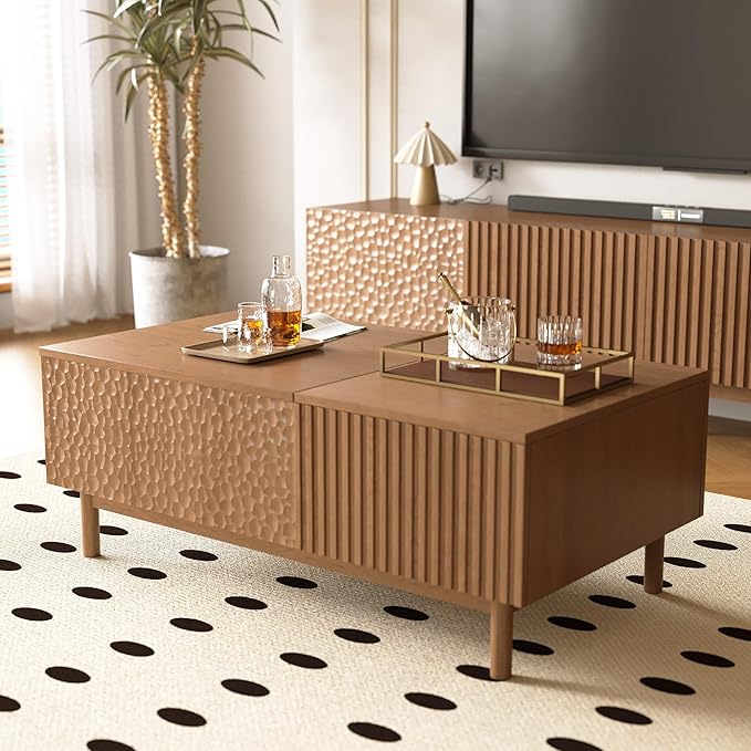 NessCarsti 51.1" Mid-Century Modern Lift Top Coffee Table, Walnut Rectangular Center Table with Hidden Storage, Drawers & Sturdy Wooden Legs, for Living Room, Apartment, Office