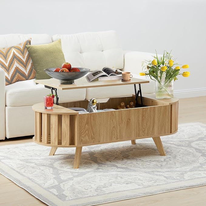 Janmer Home Small Lift Top Coffee Table with Storage, 47.3" Mid Century Modern Curved Coffee Table, Oval Center Table with Lift Tabletop for Living Room, Office (Natural)