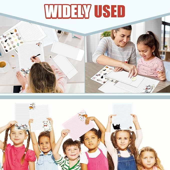 EggSun 250Pcs Cute Stationery Paper and Envelope Set with 100 Letterhead Papers and 50 Envelopes, 10 Design for Letter Writing Invitations Computer Holidays Party Notes, 8.5x11 Inch- Lined Cat