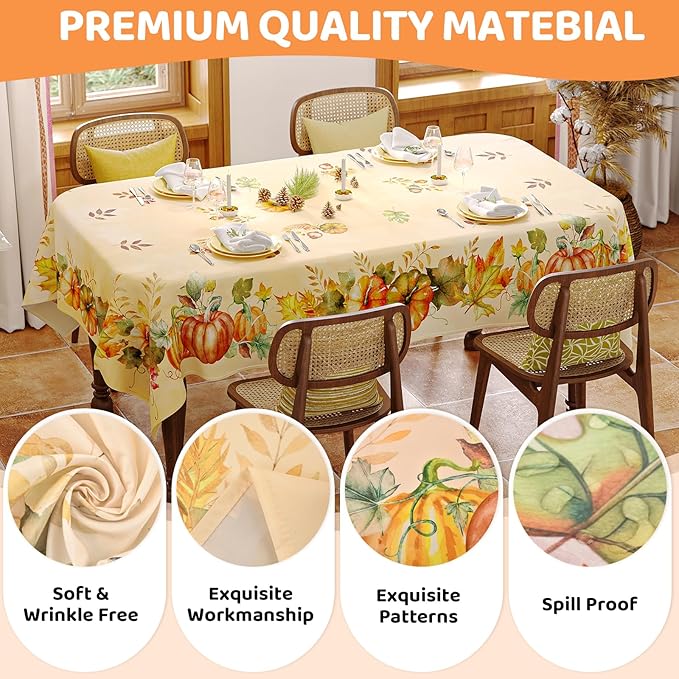 Fall Tablecloth Rectangle 60x84 Inch, Autumn Thanksgiving Harvest Orange Pumpkin Table Cloth Washable Spillproof Table Cover for Halloween Party, Picnic & Dinner Decor