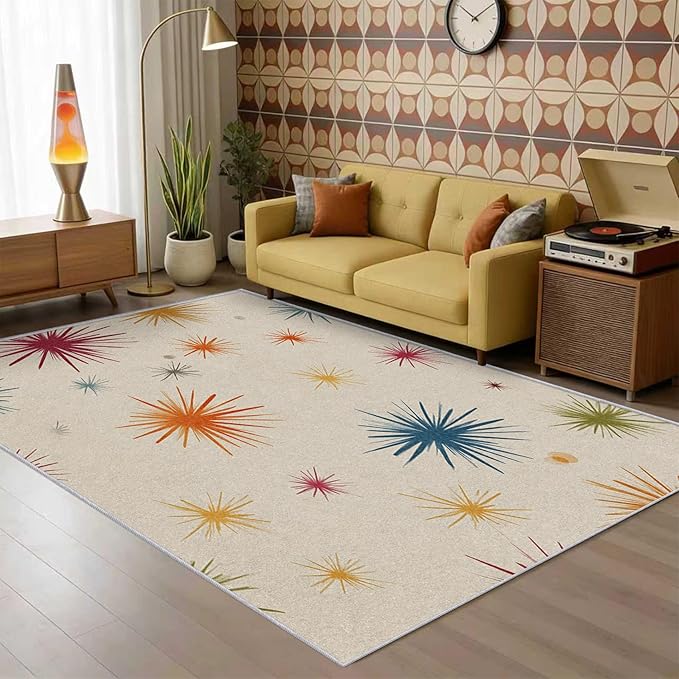 Mid Century Modern Rug Large 8x10 Starburst Atomic Retro 60s 70s Pattern Area Rugs for Living Room, Bedroom, Mid Century Home Decor Accessories Indoor Carpet, Non Slip & Machine Washable