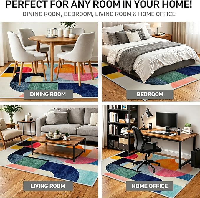 6x9 Colorful Area Rug Modern Abstract Orange Yellow Pink Blue White Beige Black Bedroom Rug Low Pile Thin Large Carpet Living Room Non Slip Dining Room Stain Resistant Office Washable Machine