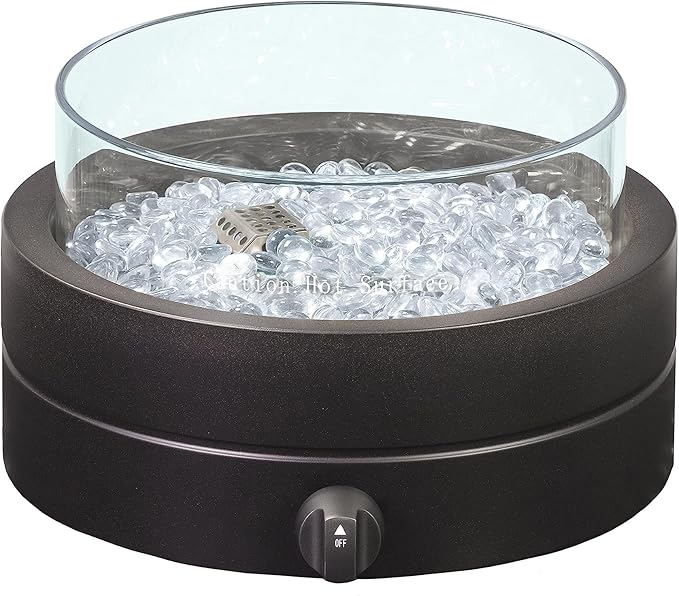 Amazon Basics 14-Inch Round Propane Fire Pit, 9000 BTU Portable Tabletop Fireplace with Glass Stones, Umbrella Hole Compatible for Outdoor Patio Tables & Camping, Brown