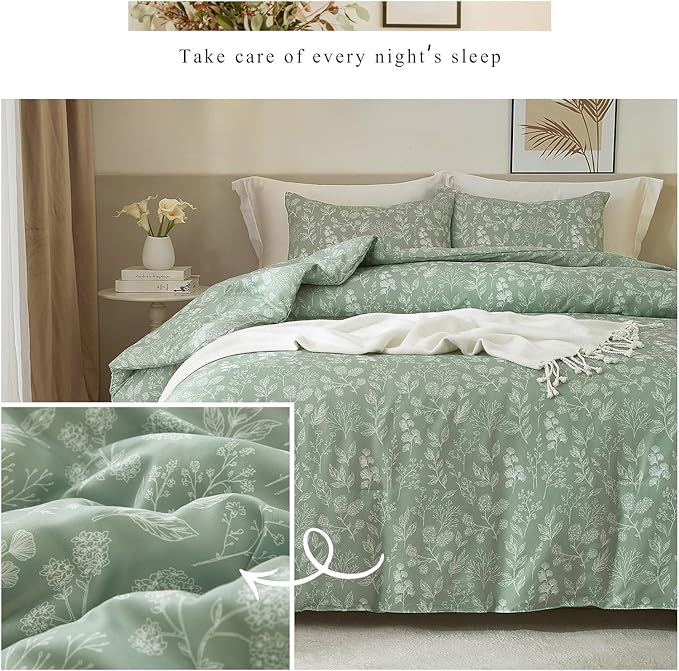 HighBuy Queen Comforter Set Sage Green Floral Boho Comforter Set Kawaii Toddler Bedding Set Queen Size Soft Bedding for Women Girls Comforters Queen Bed Set 3 Piece,1 Comforter and 2 Pillowcases