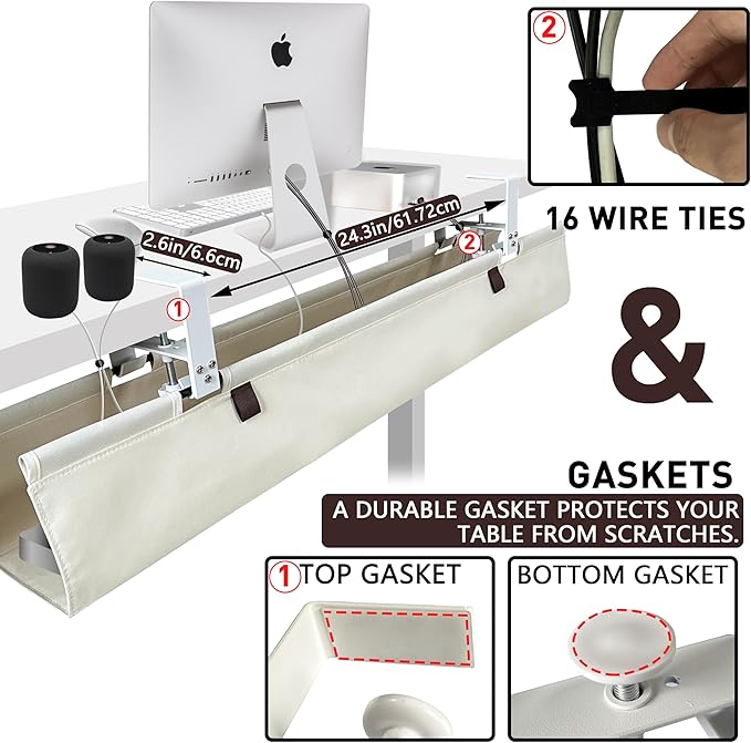 [Upgraded] Under Desk Cable Management, 28" Cord Organizer, with Silicone Pads (No Scratch!), 16 Cable Ties, Washable PE Honeycomb Base,Fits Any Desk 0-2.1", No Stinky Cardboard!Beige