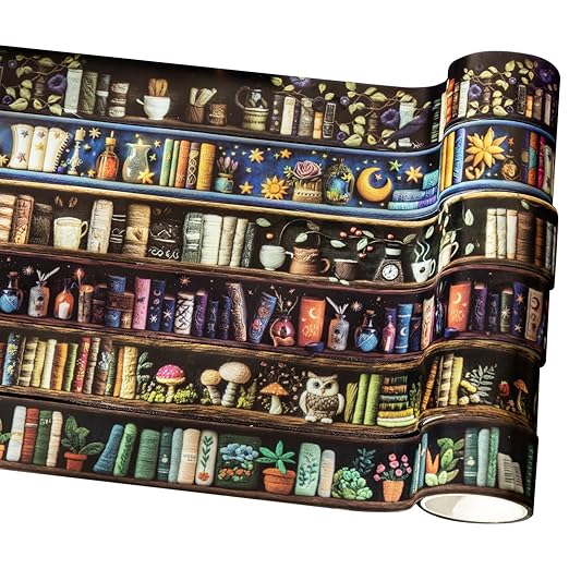 AuriicLeaf Magician’s Bookcase PET Tapes – 6 Rolls of Fantasy Embroidery-Style Bookcase Designs with Clip, for Scrapbook, Journal, Junk Journal, Planner and DIY Decor
