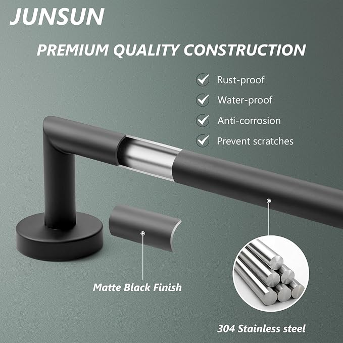 JunSun Matte Black Bath Towel Bar 24 Inch Bathroom Towel Rack Hand Towel Holder Modern Home Decor Towel Rod Bathroom Hardware Black Towel Hanger Towel Rail Towel Shelf Single Towel Bars Wall Mounted