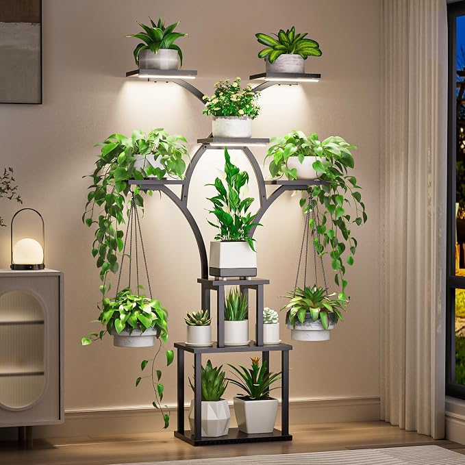 Elbourn 8 Tiered 60" Plant Stand Indoor Shelf with 3 Grow Lights (Black) | Corner Shelf Decor
