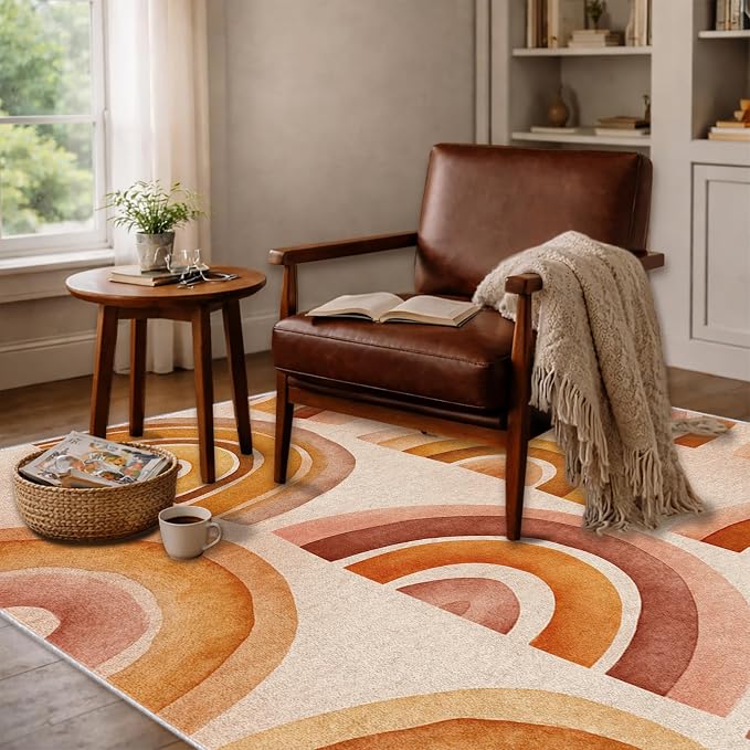 Retro Arcs Area Rug 4x5, Minimalist Arch Pattern Rug, Modern Retro Neutral Carpet for Living Room Bedroom, Non Slip Washable Rug