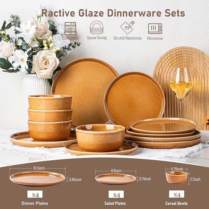 GBHOME Ceramic Dinnerware Sets for 6, 18 Pieces Stoneware Plates and Bowls Sets, Scratch Resistant Dishes, Dishwasher & Microwave Safe, Reactive Glaze-Amber