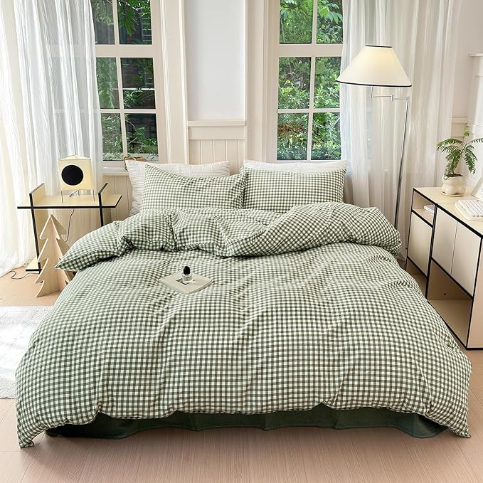 LifeTB Queen Comforter Set Green Gingham Comforter Modern Style Checkered Pattern Comforter Set Boho Grid Plaid Bedding Comforter Lightweight Fluffy Soft Grid Bedding Set Queen Size Breathable