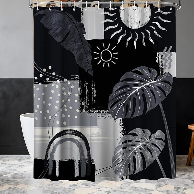 Black and Gray Mid Century Modern Shower Curtain Bohemian Abstract Dark Black and Grey Shower Curtains for Bathroom Decor Sets, Waterproof Cloth Fabric with Hooks, 70x72 Inch