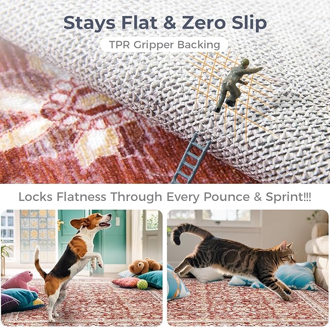 OPPODREAM Vintage Red Area Rugs 8x10, 8 x 10 Retro Washable Rug Non Slip, Low-Pile Faux Wool Carpet, Distressed Floor Mat for Living Room, Bedroom, Office, Dorm, Dinning Room, Big & Large