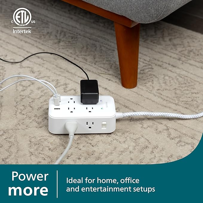 Philips Surge Protector, 8 Outlet, 2 USB-A, 1 USB-C, 17W, 3120J, Braided Cord, 6ft, White