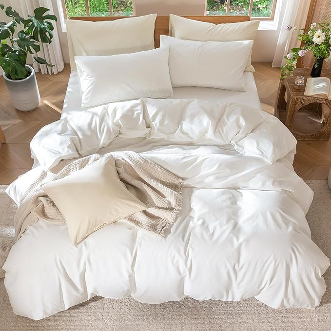 MooMee Bedding Duvet Cover Set 100% Washed Cotton Linen Like Textured Breathable Durable Soft Comfy (Solid Off White, Super King Plus 120"x120")