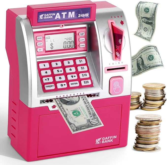 ATM Piggy Bank with Card and Password, Electronic Savings Bank Machine for Real Money, Mini ATM Coin and Cash Deposit Box with Target Setting, Clock and Sound – Pink Dollar Edition