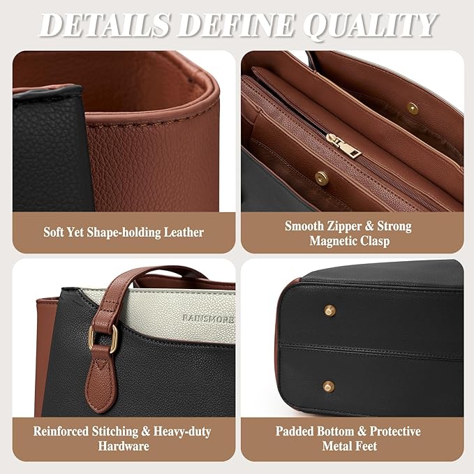 RAINSMORE Laptop Bag for Women 15.6 Inch Work Tote Bags Waterproof Computer Bags Leather Professional Laptop Purse Womens Laptop Briefcase Large Handbag for Office Teacher Travel, Black Brown White