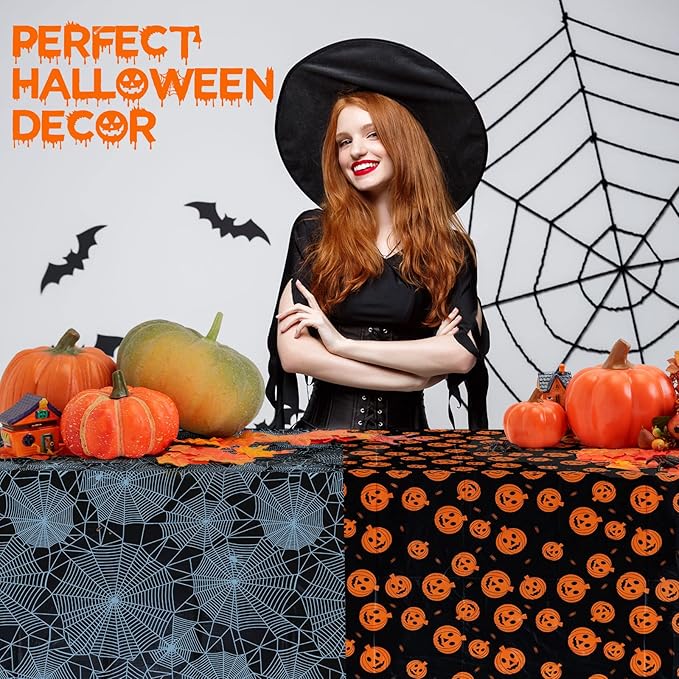 Halloween Tablecloth, 2-Pack Disposable Table Cloths, Pumpkins and Spider Web Plastic Covers, 54 x 108 Inches, Party Decorations