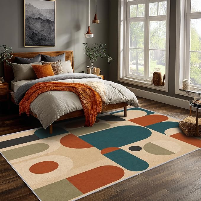 Teal Rust Area Rug 2x3, Mid Century Modern Mosaic Geometric Rug, Retro Abstract Color Block Washable Low Pile Non Slip Rug for Living Room Bedroom