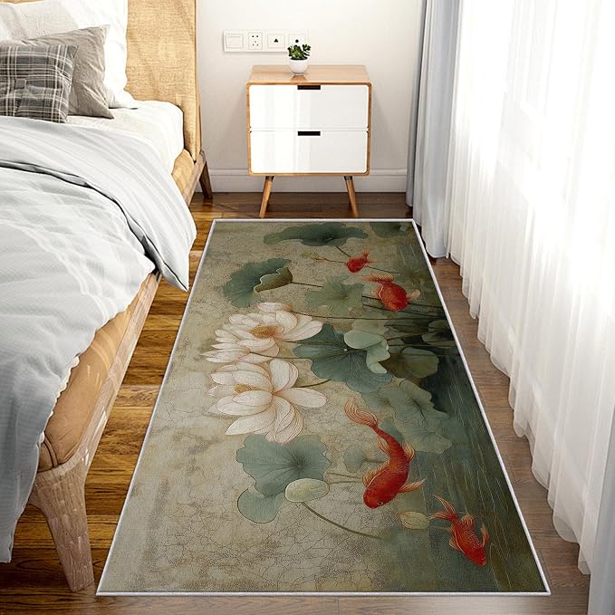 Lotus Flower Runner Rug 3x8, Koi Fish Design, Asian Art Area Rug, Washable Carpet Runner for Bedroom, Standard Hallways, Kitchen Walkway, Dining Room Sideboard