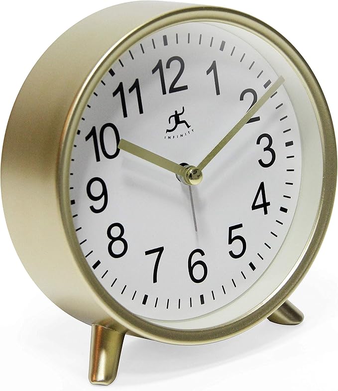 Infinity Instruments Tabletop Alarm Clock Decorative Cute 5.75 inch Face Modern Round Analog Easy-to-Read Matte Gold Small
