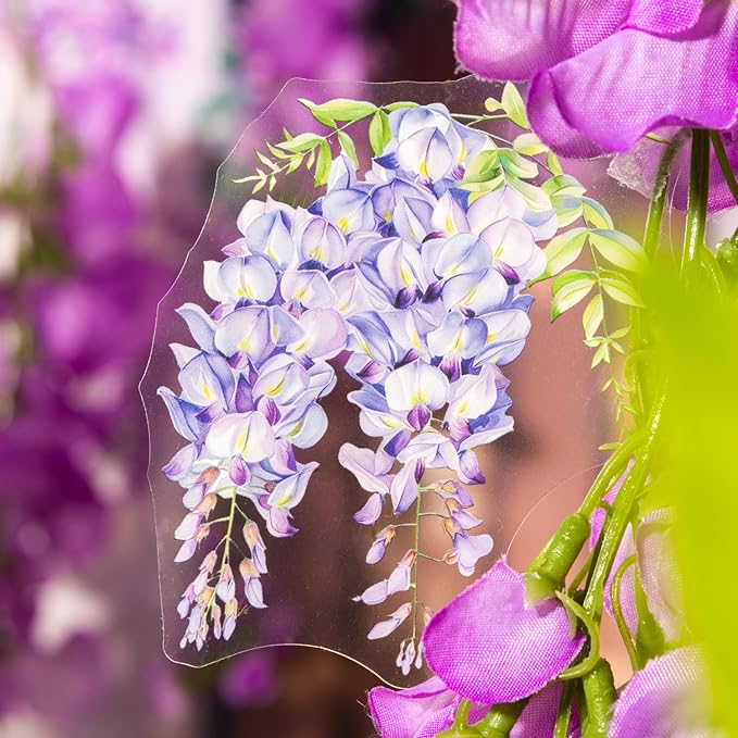 AuriicLeaf Wisteria Floral PET Sticker Set, 60Pcs Purple Flower Stickers for Scrapbooking, Journaling, Junk Journal Supplies, and DIY Crafts