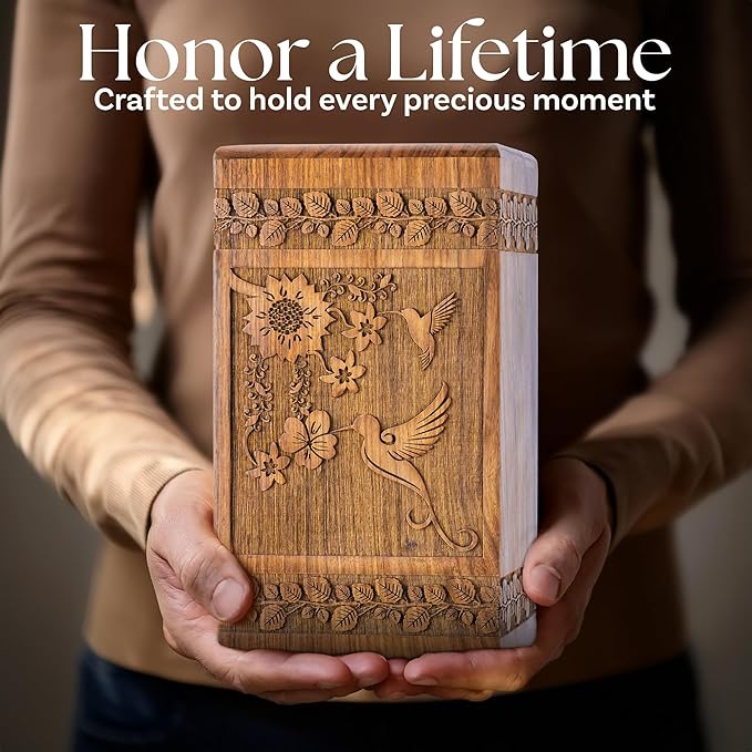 INTAJ Handcarved Rosewood Hummingbird Urn for Human Ashes Adult Male Female - Floral Carving 115 lbs Capacity - Wooden Cremation Urn Box Suitable for Burial Funeral Decorative Memorial Casket