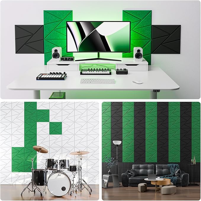 12 Pack Acoustic Panels with Self-Adhesive, 12"X 12"X 0.4"Sound Proof Foam Panels, Sound Panels High Density, Soundproof Wall Panels for Home Studio Office Green