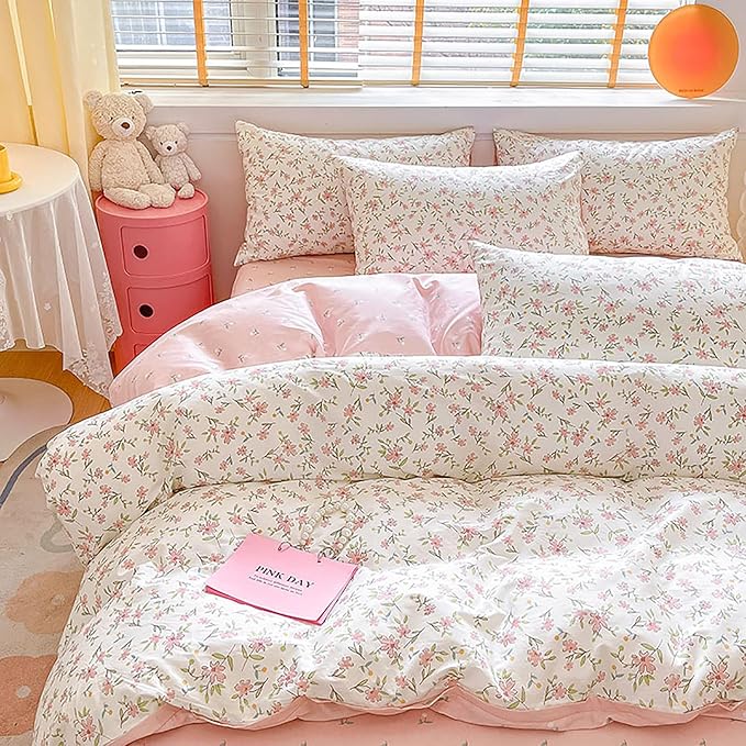 EAVD Vintage Style Garden Pink Floral Duvet Cover King White Soft 100% Cotton Cute Floral Bedding Set with 2 Pillowcases Chic Shabby Floral Botanical Duvet Cover with Zipper Closure