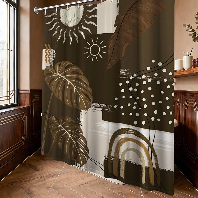 Dark Brown Mid Century Modern Shower Curtain Boho Abstract Khaki Earth Tone Shower Curtains for Bathroom Decor Sets, Waterproof Cloth Fabric with Hooks, 70 x 78 Inch