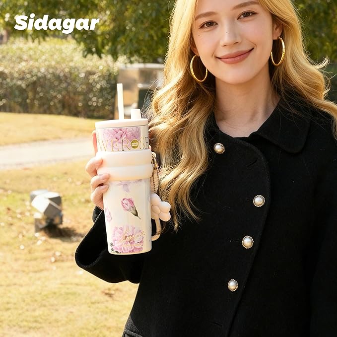 24 oz Stainless Steel Tumbler with Lid and Straw, Insulated Coffee Mug, Leak Proof, Portable Iced Travel Water Bottle, Reusable Thermal Coffee Cup, Floral White