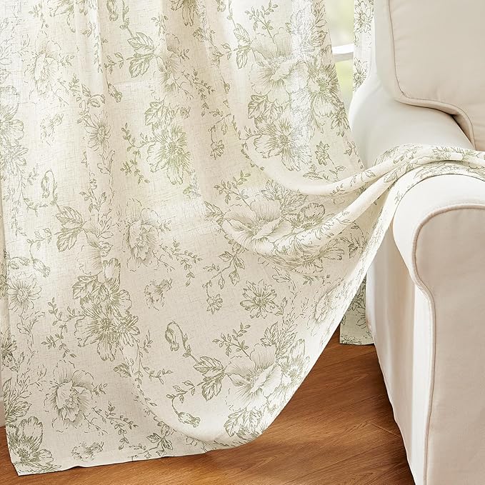 jinachan Linen Blend Floral Curtains for Living Room 90 Inch Length Christmas Sage Green Printed Curtain Rod Pocket Back Tab Farmhouse Peony Flower Patterned Drapes Bedroom Curtains Set 2 Panels
