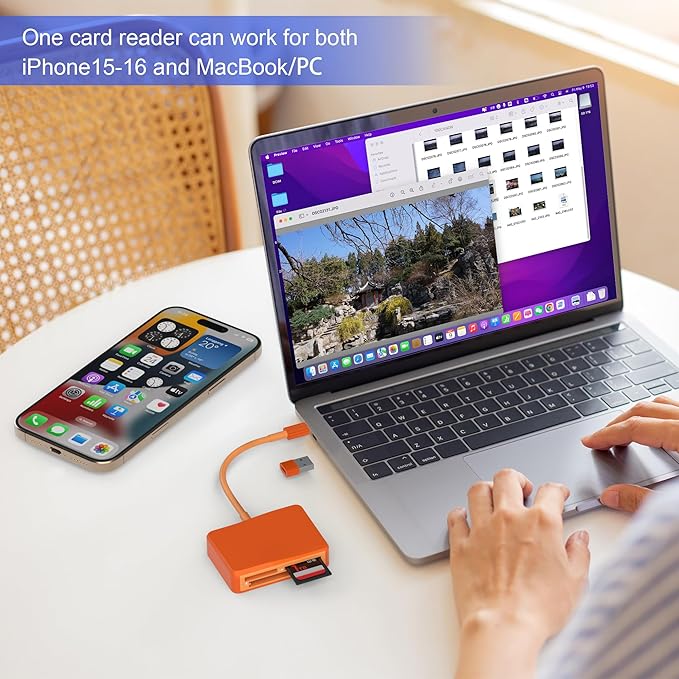 SD Card Reader, 4 in 1 USB C to SD/TF/CF/MS Card Reader with USB to USB C Adapter Memroy Card Reader for iPhone 17/16/15 Pro Max iPad Pro MacBook Pro/Air iMac M4/M3 Android Phone/Tablet PC (Orange)