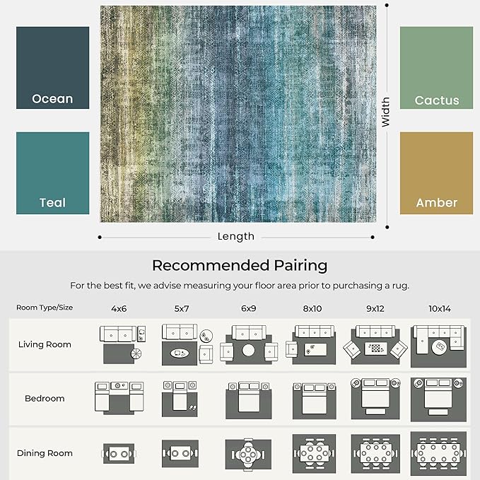 Kokia Abstract Teal Area Rug Living Room Washable 4x6 Non-Slip Stain Resistant Bohemian Rug Soft Indoor Vibrant Carpet for Bedroom Room Decor, Blue and Green