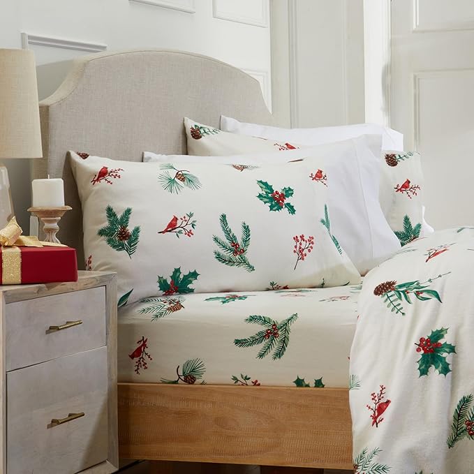 Market & Place 100% Cotton Twin Flannel Sheet Set | 3 Piece Deep Pocket Novelty Cozy Winter Bed Sheets | Double Brushed for Extra Softness & Comfort | Alpine Collection (Twin, Cardinal & Pine)