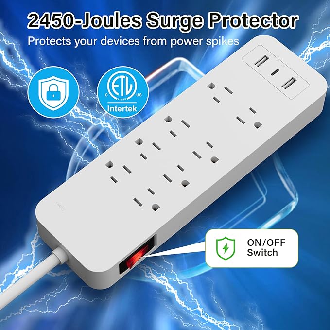 Elecan Surge Protector Power Strip 8 Ft Extension Cord, 8 Widely Spaced Outlets with 2 USB-A&1 USB-C PD 20W Charging Station, Flat Plug Wall Mountable Multi Outlet Extender, 14AWG 2450J/125V,ETL-White