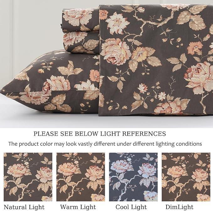 Zusbest Dark Brown Floral Bed Sheets Set - Queen Size Percale Cotton Shabby Rustic Peony Flower Print Bed Sheets - Soft Breathable Mocha Classic Vintage Bedding 4 Pcs Deep Pocket Flower Bed Sheets