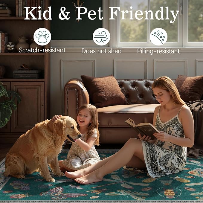 DCX 5x7 Washable Insect Rug, Vintage Gothic Deep Teal Rug with Non-Slip Rubber Backing, Soft Low-Pile, Stain-Resistant, Kid & Pet Friendly, for Living Room, Bedroom, Office, and Nature-Themed Decor