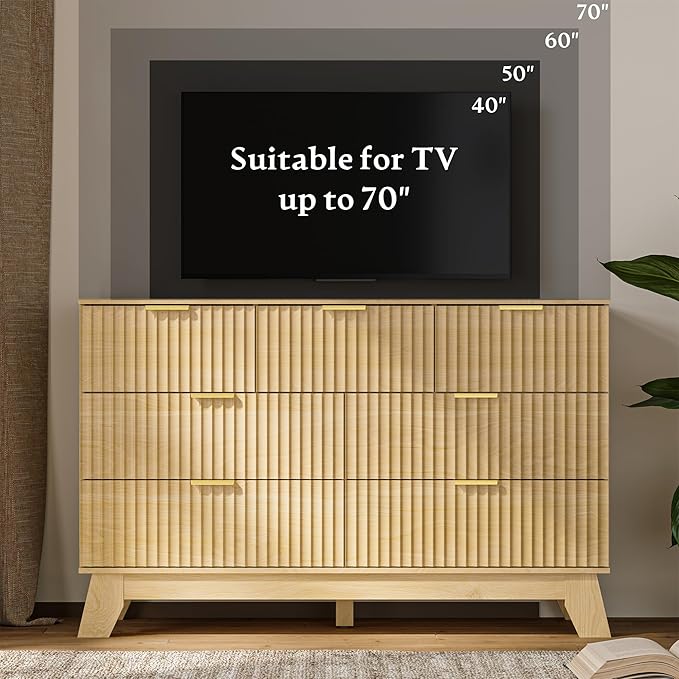 HUANLEGO Fluted Dresser for Bedroom with 7 Drawer, Mid Century Modern Chest of Drawers, 48" Wide Natural Wood Dresser for Closet, Wooden Boho Chest Closet Storage TV Stand for Bedroom, Nature