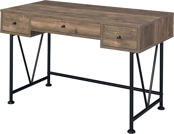 Coaster Furniture Analiese Farmhouse 3 Drawer Home Office Writing Desk Black Metal Base Rustic Oak Brown 802541