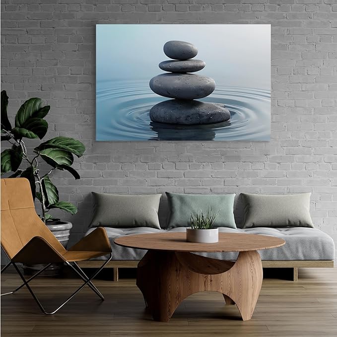 Zen wall art Harmonious grey stones stacked on a calm surface of water Serene Zen decor suitable for tranquil homes and spaces of meditation 8x12in Frameless
