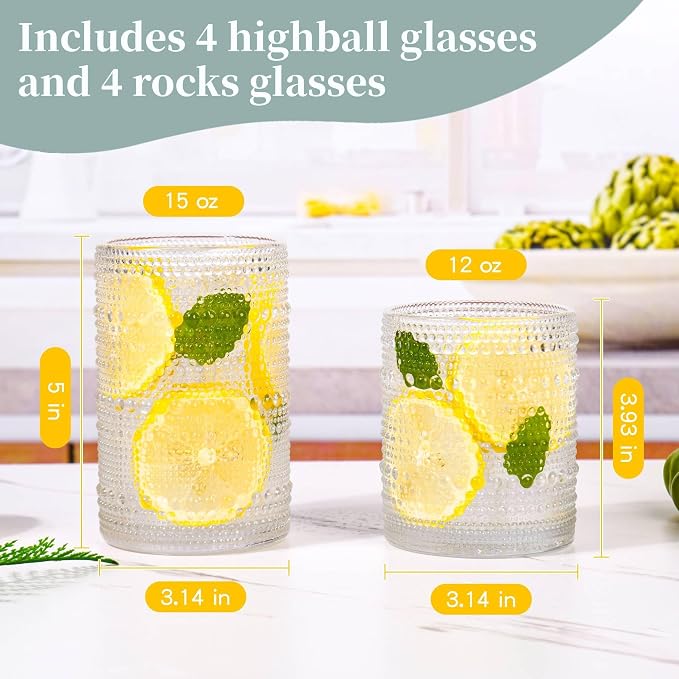 Gray Hobnail Drinking Glasses Set of 8，15 oz Vintage Highball Glassess & 12 oz Cocktail Glasses，Drinkware Kitchen Glasses for Cocktail, Iced Coffee, Beer, Ice Tea, Wine, Whiskey, Water