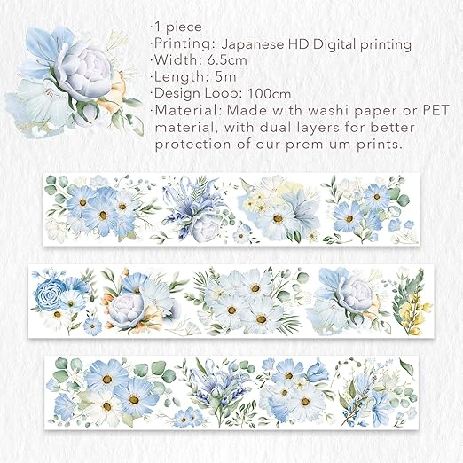 WT Serene Wide PET Tape, Single Roll, Original Designs, Watercolor Blue Flower Decorative Tape, Transparent Clear Adhesive Tape, Journal Scrapbook Bujo Planner DIY Craft Supplies