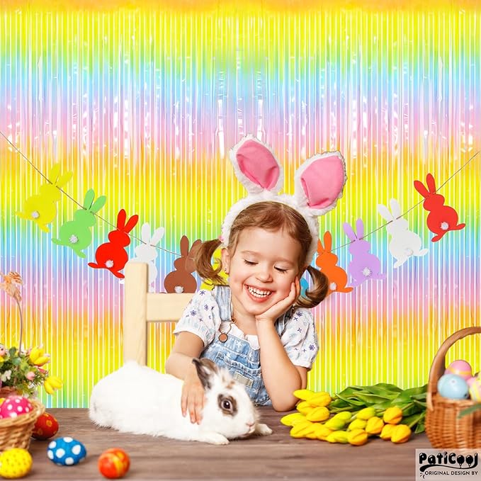 Thicken Pastel Rainbow Streamers 4 Pack 3.2 x 8.2 FT, Pastel Birthday Decrorations Tinsel Backdrop Curtains, Foil Fringe Photo Backdrop for Baby Shower, Easter, Spring Party Decorations